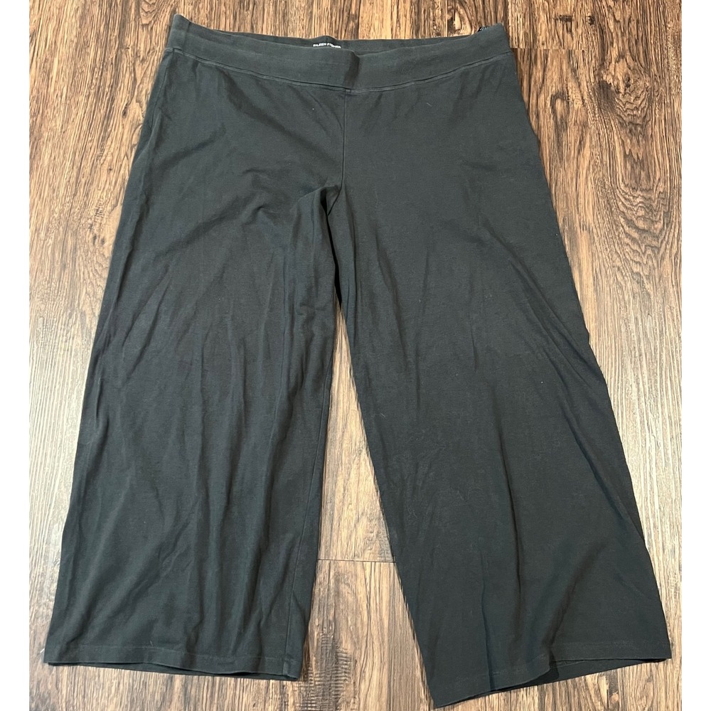 Eileen Fisher Black Cotton Spandex Wide Leg Crop Pants Large Made in USA